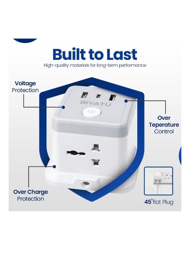 بيفاتو مشترك طاقة عالمي مع USB ونوع C، سلك تمديد مسطح بطول 1.5 متر، 4 منافذ تيار متردد + 2 USB-A + 1 USB-C، حماية من زيادة التيار، تصميم مضغوط للمنزل والمكتب - Image 5